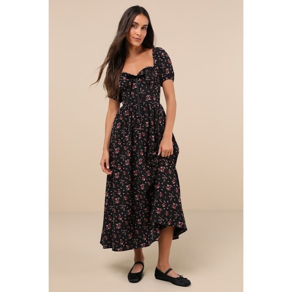 Lulus Lovely Reputation Black Floral Puff Sleeve Bustier Midi Dress - Size S